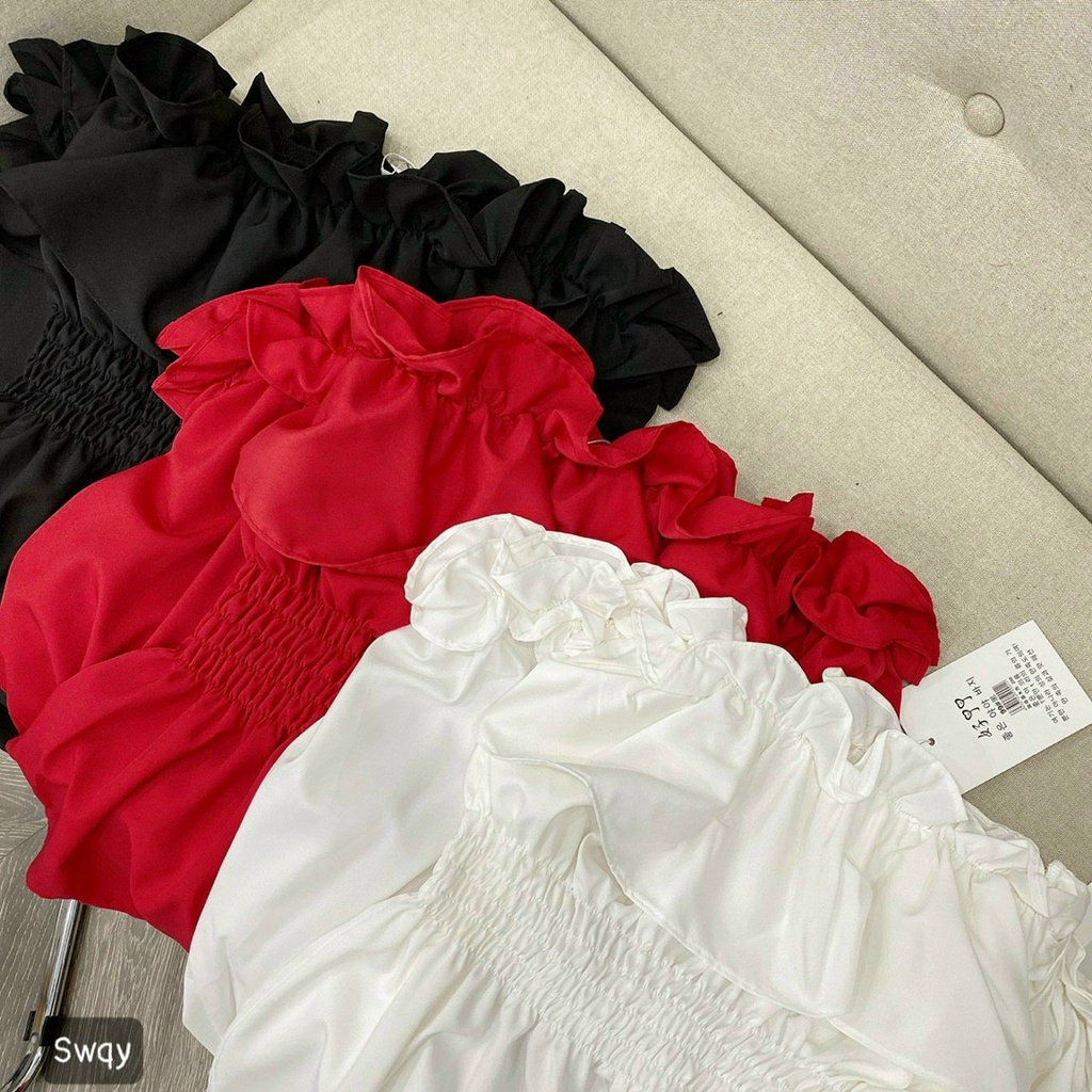 Áo Voan Kiểu Mới Trễ Vai Tay Dài Bánh Bèo Phối Nhún Trước Bụng Xinh Xắn  TTSLA0842