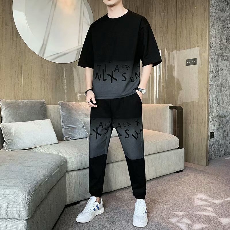 Set đồ IELGY gồm áo thun tay ngắn và quần dài màu gradient thời trang mùa hè phong cách Hàn Quốc cho nam