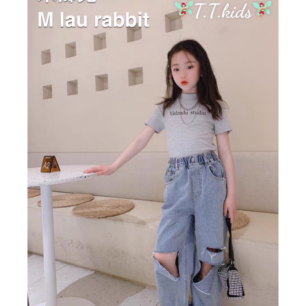 Set Quần Jean Suông Áo Thun Dài Tay Cho Bé Gái 25-35kg - Set Quần Bò Áo Cotton Co Dãn Mềm-Cá Tính - N&D Kids