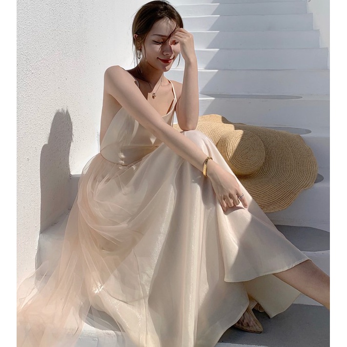 𝑹𝒖𝒃𝒚 𝑫𝒓𝒆𝒔𝒔 | Đầm Đi Biển 2 Dây Dáng Dài Khoét Lưng Chất Voan 2 Lớp Tiểu Thư Sang Chảnh, Đầm Maxi Đi Biển Tiểu Thư