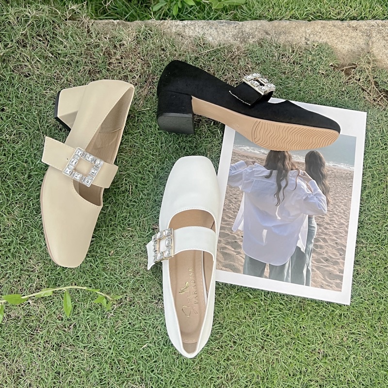 Giày cao gót bít mũi khoá đá mũi vuông đế vuông cao gót 4f thời trang Shoes Paradise L058