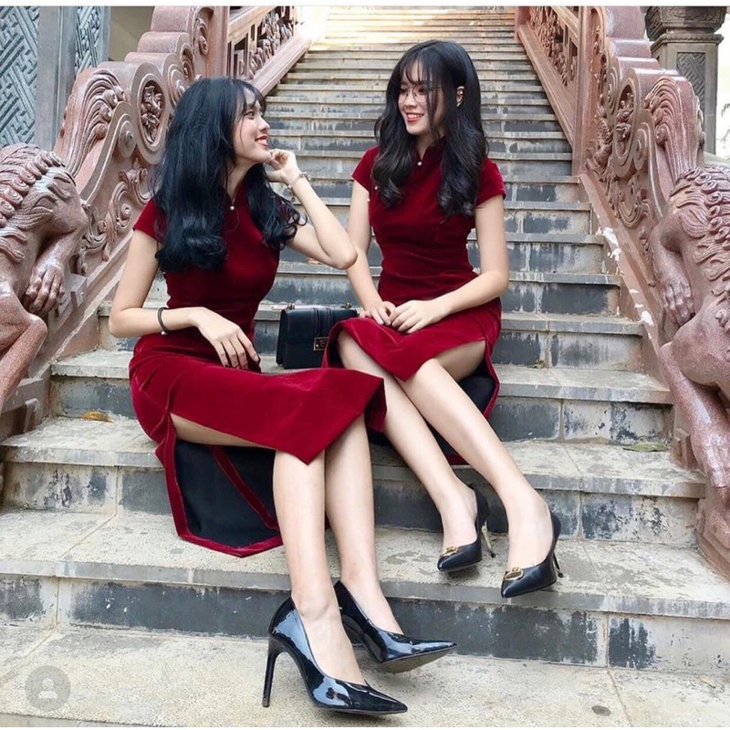 Sườn xám cổ tàu xẻ tà chất vải nhung cao cấp - T5B | BigBuy360 - bigbuy360.vn