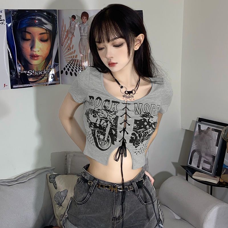 Áo Thun Ngắn Tay Cột Dây In Họa Tiết Phong Cách Retro Đường Phố Mỹ Cho Nữ