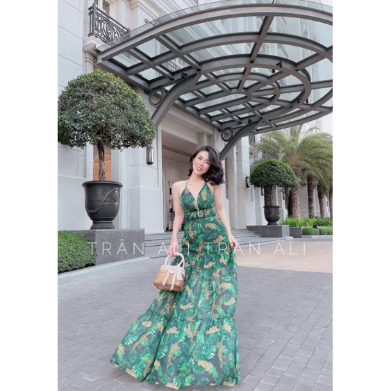 Đầm maxi voan hai dây cúp ngực dáng xòe