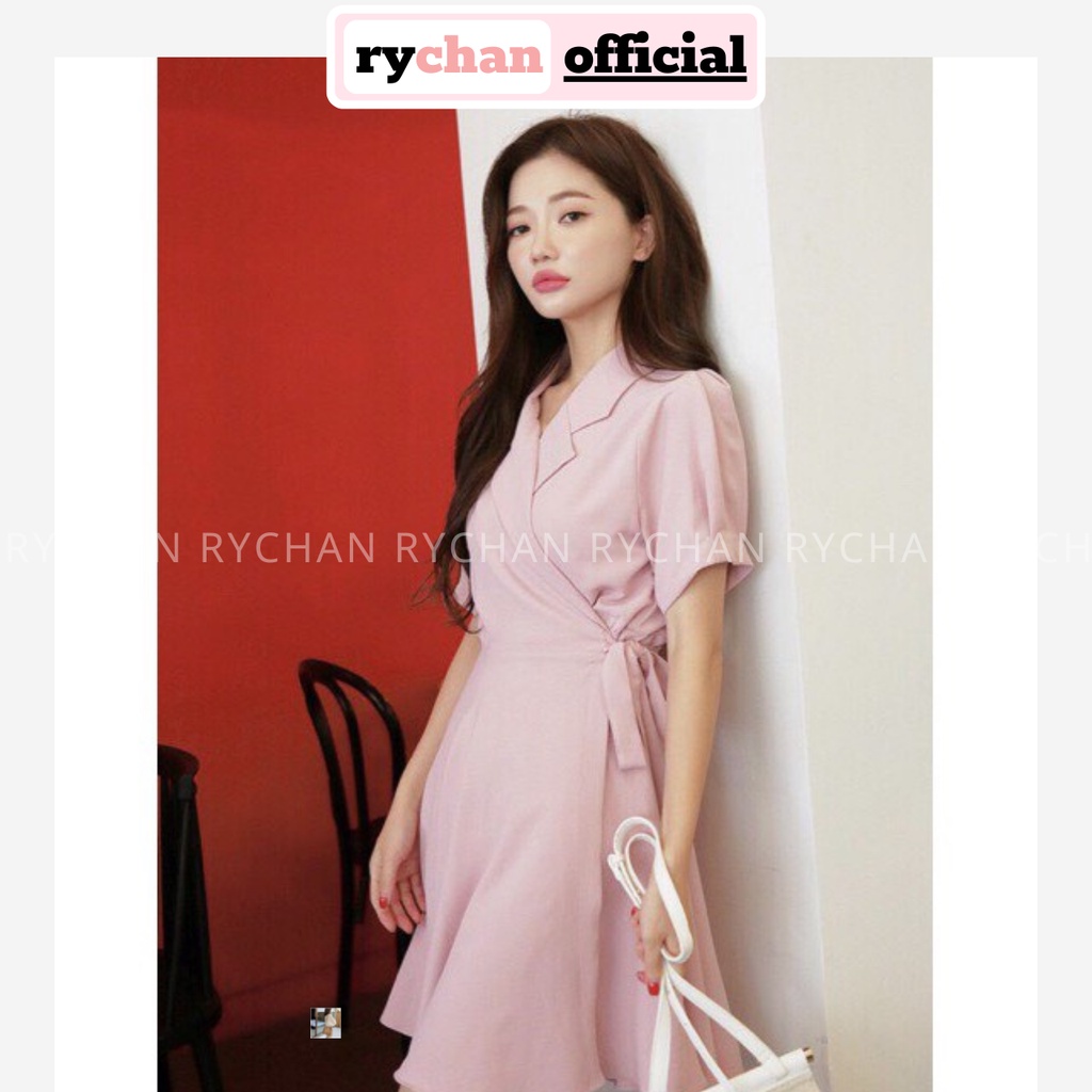 DX032 - Đầm Xòe Hồng Cổ Vest Đắp Tà Đầm Công Sở Đi Làm