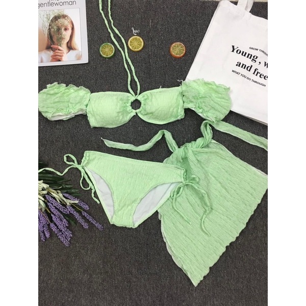 Hàng có sẵn sét 3 món bikini trể vai tay phồng chất xốp