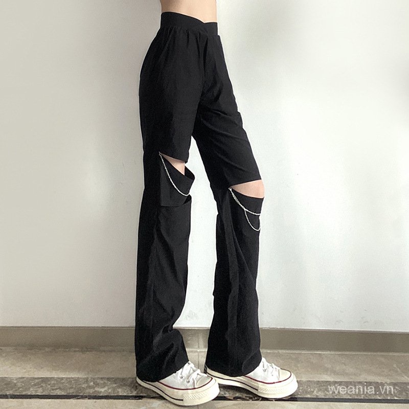 Quần Dài Lưng Cao Dáng Rộng Thiết Kế Xẻ Rách 2 Lớp Thời Trang Cho Nữ