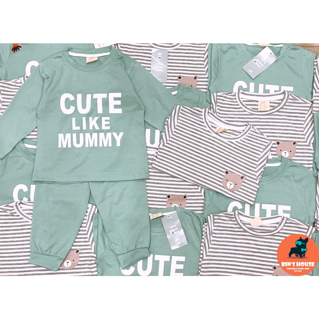 SET 2 BỘ COTTON DÀI TAY KẺ XANH CUTE CHO BÉ BINSHOUSE