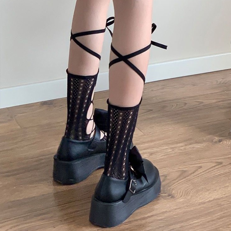 Summer Student Thin Section Pure Sweet Lady Cute Mid-tube White Black Lace Mesh Hollow Lolita Stockings Sexy and Breathable