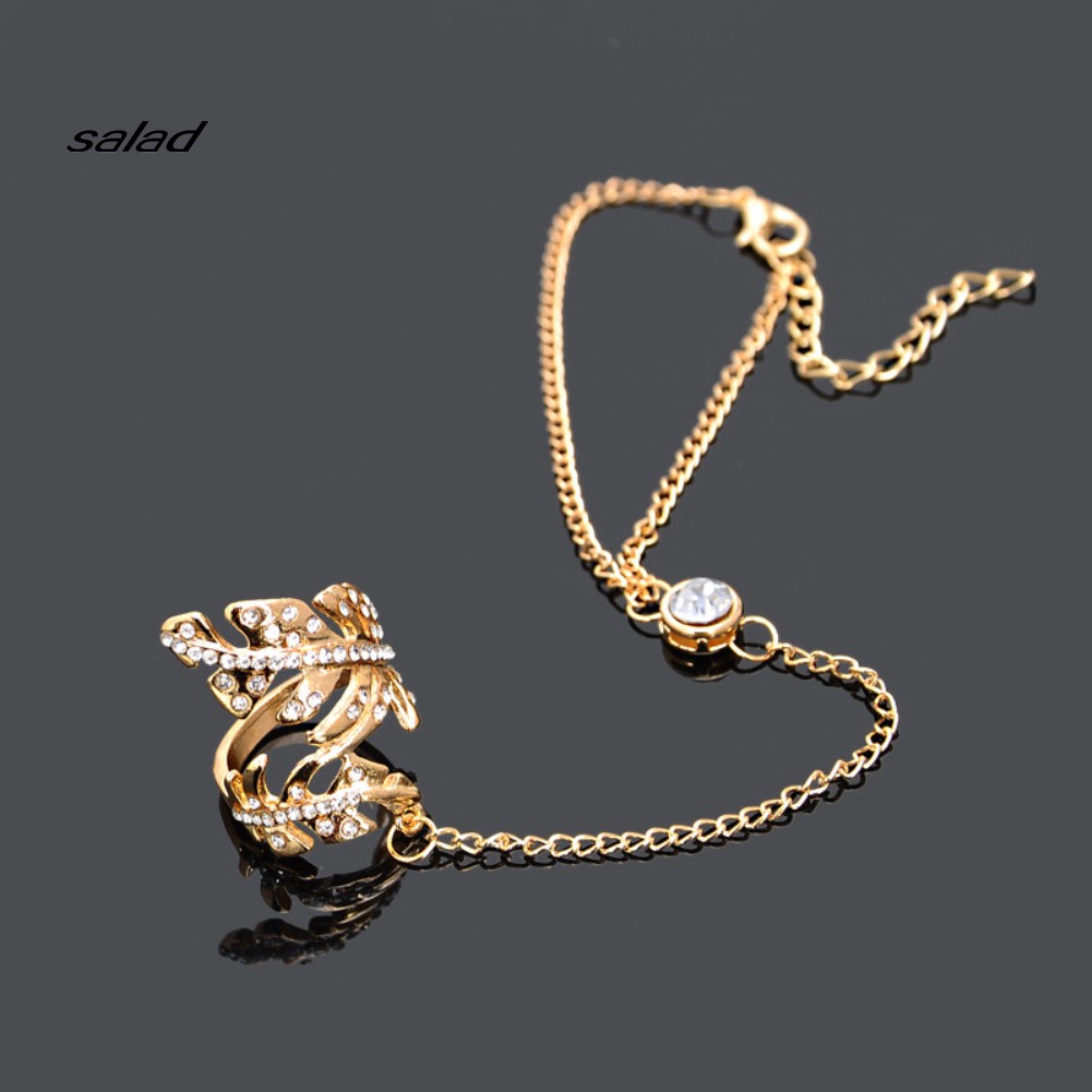 【SD】Fashion Women Rhinestone Golden Leaf Bracelet Chain Ring Integrated Jewelry
