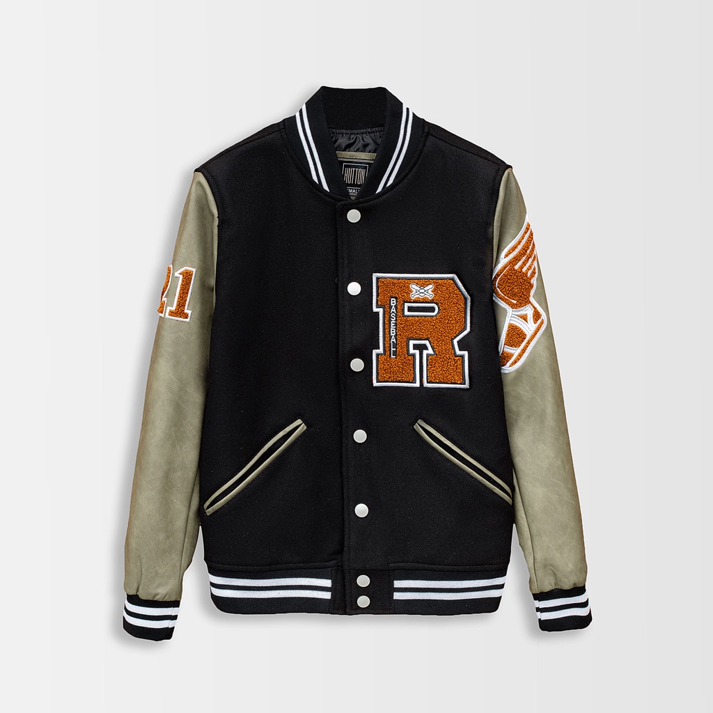 Áo Varsity HUTTON Dạ Đen Thêu R Tay Da Màu Rêu