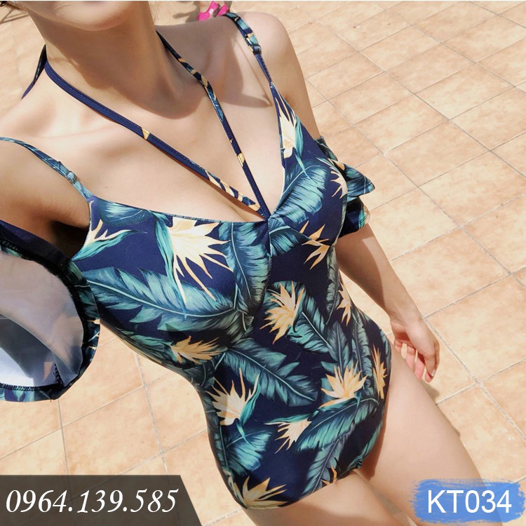 [LẺ SIZE 48-53kg] - Bộ bơi liền thân nữ bèo vai điệu đà, họa tiết lông vũ xanh mát trẻ trung, giá vô cùng hạt rẻ | KT034