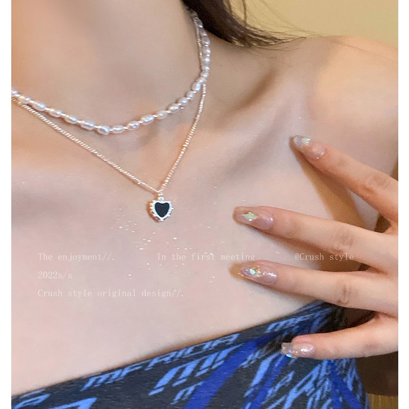 Vòng cổ choker Mặt Trái Tim Đôi Đính Ngọc Trai Đen Thời Trang Cho Nữ