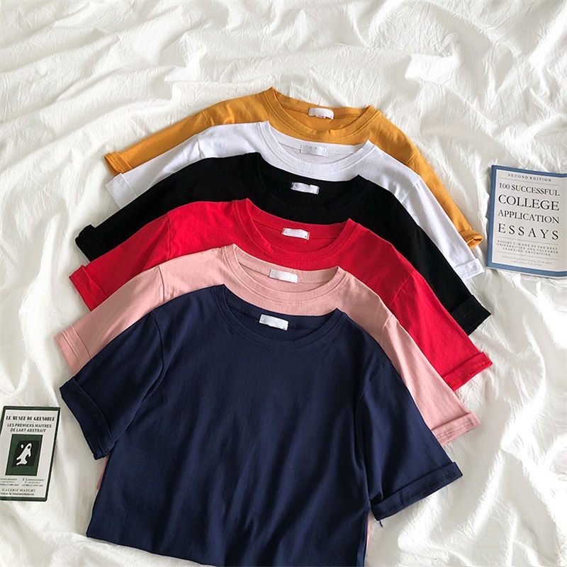 Áo thun cotton tay ngắn dáng rộng màu trắng phong cách Hàn Quốc thời trang cho nữ 2021