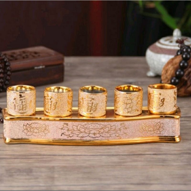 Bộ chung nước thờ cúng 3 ly và 5 ly hàng kim sa vàng cao câp-Vật phẩm thờ cúng.