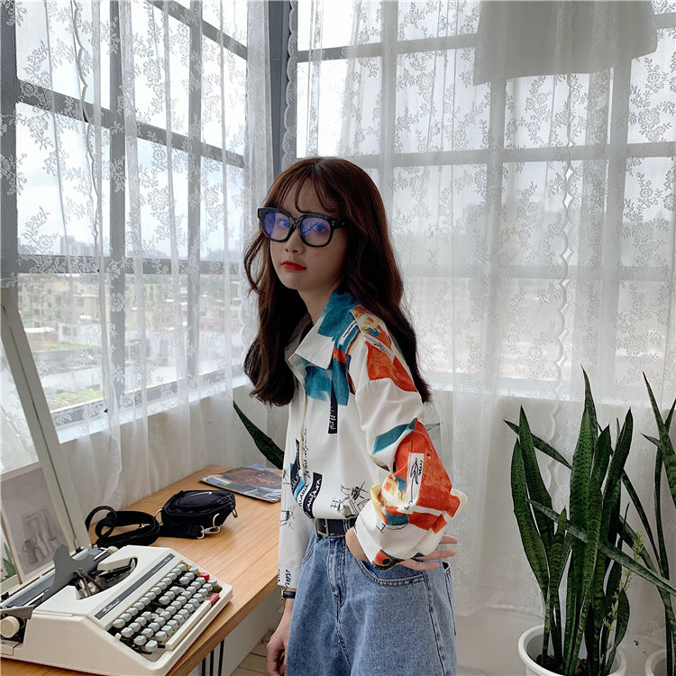 Áo Sơ Mi Tay Dài Form Rộng In Họa Tiết Phong Cách Retro Hàn Quốc