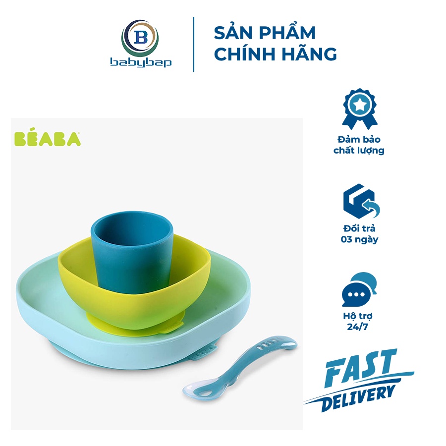 Bộ Ăn Dặm Silicone Đế Hít Không Đổ Béaba Không Đổi Màu, Không Bám Mùi