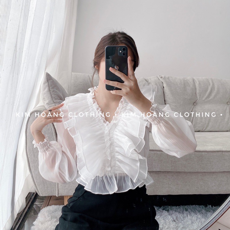 Áo sơ mi tiểu thư nữ croptop bèo nhún kiểu trễ vai tay bồng bánh bèo | BigBuy360 - bigbuy360.vn