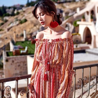 Váy maxi trễ vai thổ cẩm - order