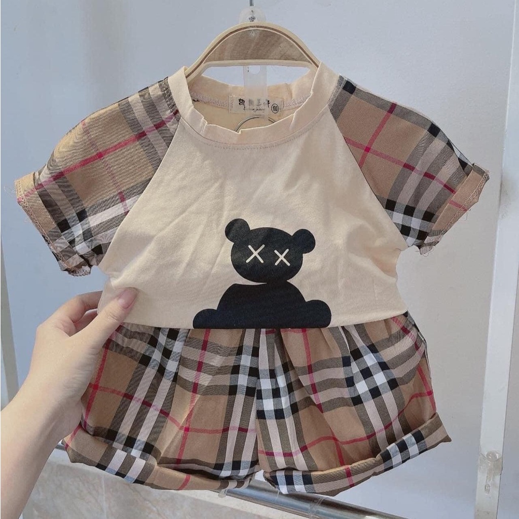 BỘ RAGLAN TAY PHỐI KẺ IN HÌNH GẤU DỄ THƯƠNG CHO BÉ (hàng loại 1)