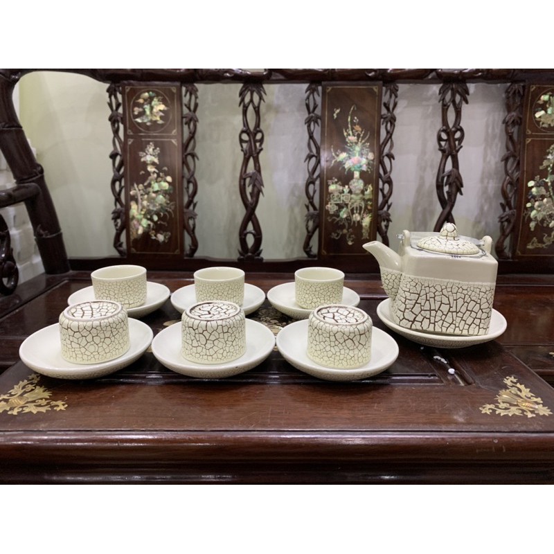 Bộ ấm chén Bát Tràng men rạn đĩa tách, nhận in logo trên ấm chén, HÀNG LOẠI 1