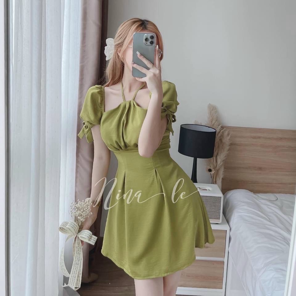 Đầm váy nữ ôm eo dáng xòe siêu xinh họa tiết 3 màu cổ kiểu yếm tay ngắn cột nơ sang trọng dự tiệc dạo phố