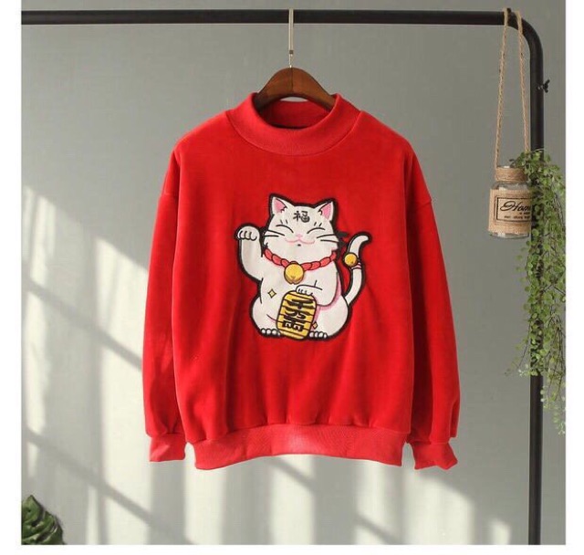 [Ảnh thật lên sóng] Áo sweater hàng loại 1 mèo may mắn Maneki Neko- Có 2 màu | BigBuy360 - bigbuy360.vn