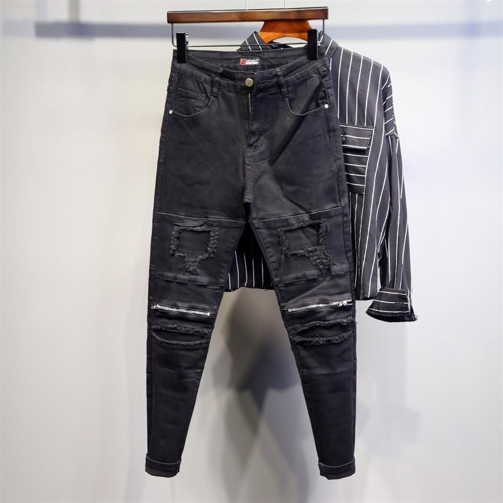 Quần Jeans Dài Phối Vết Rách Cá Tính Cho Nam