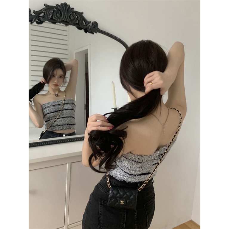 Áo Ống Ngắn Bằng Vải Lông Họa Tiết Kẻ Sọc Chống Chói Gợi Cảm Cho Nữ