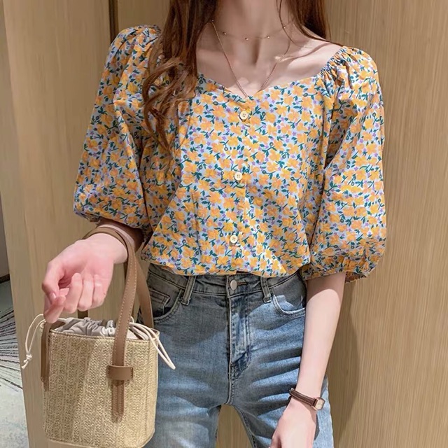 Áo sơ mi nữ hoa nhí tay bồng