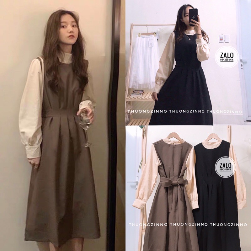 [Ảnh thật/Video] Set áo kèm yếm kiểu Pháp dáng xòe dài mùa thu vintage đơn giản nhẹ nhàng trẻ trung Váy yếm tiểu thư
