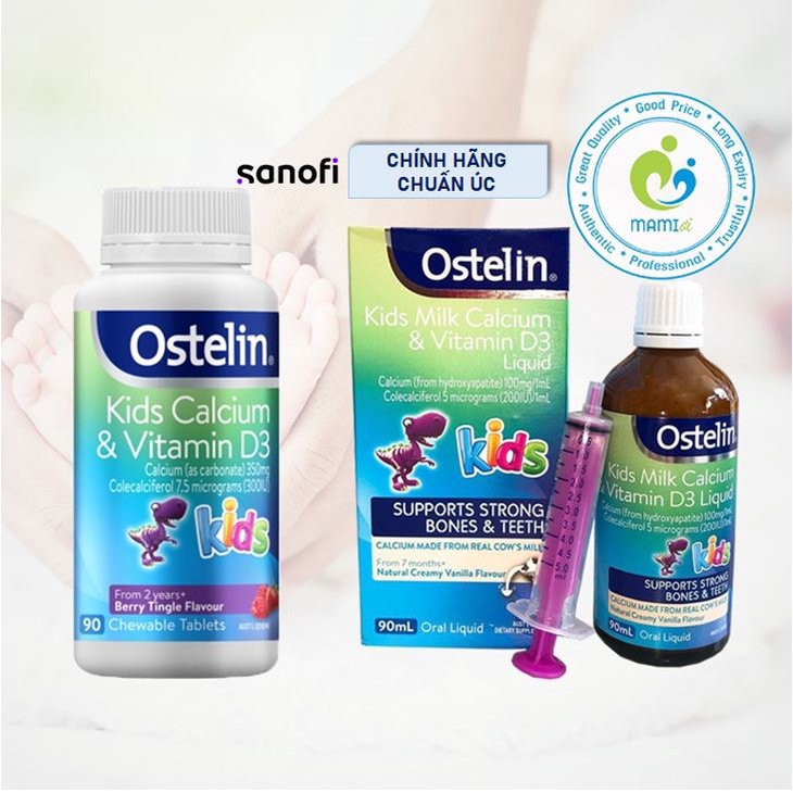 Canxi nước/viên khủng long  phát triển xương, răng cho bé từ 7 tháng/2 tuổi Ostelin Kids Milk Calcium & D3, Úc
