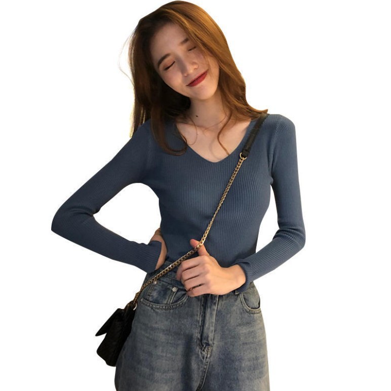 Áo sweater dệt kim tay dài cổ chữ v thiết kế ôm sát quyến rũ cho nữ từ 40-63kg