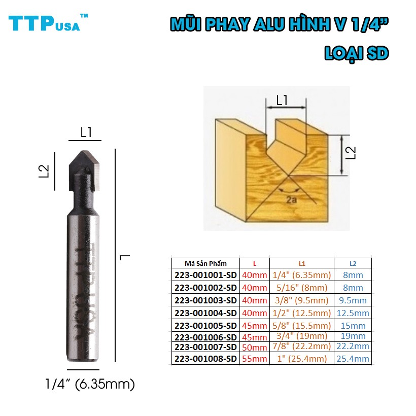 Mũi Phay Alu hình V TTPusa loại SD 1/4"