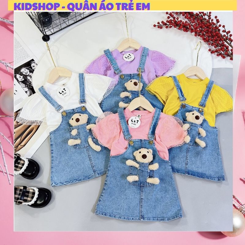Yếm váy bò jean cho bé gái nơ xinh xắn từ 10kg đến 22kg - bộ đồ bé gái Áo cotton phối bèo kết hợp yếm jean giặt mềm.