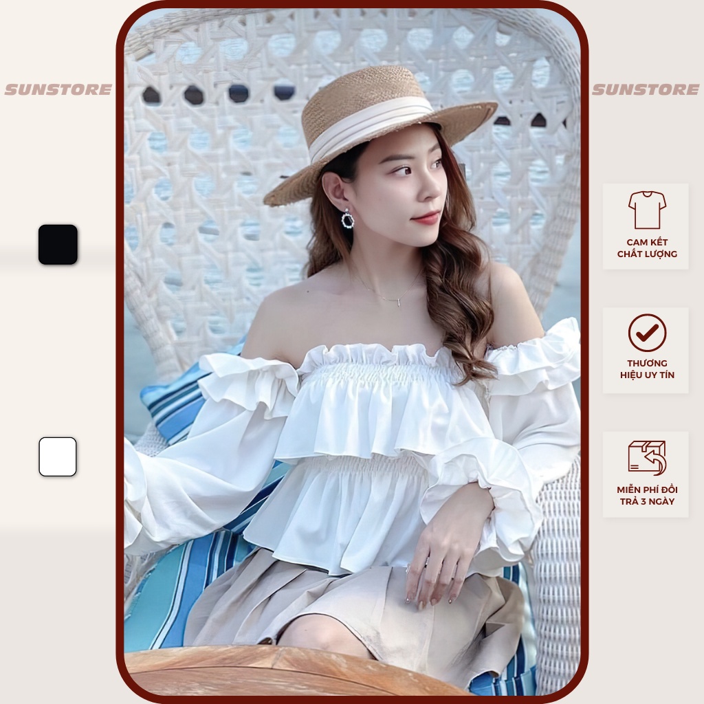 Áo trễ vai croptop cúp ngực tay dài freesize form chuẩn màu đen và trắng Maris Top