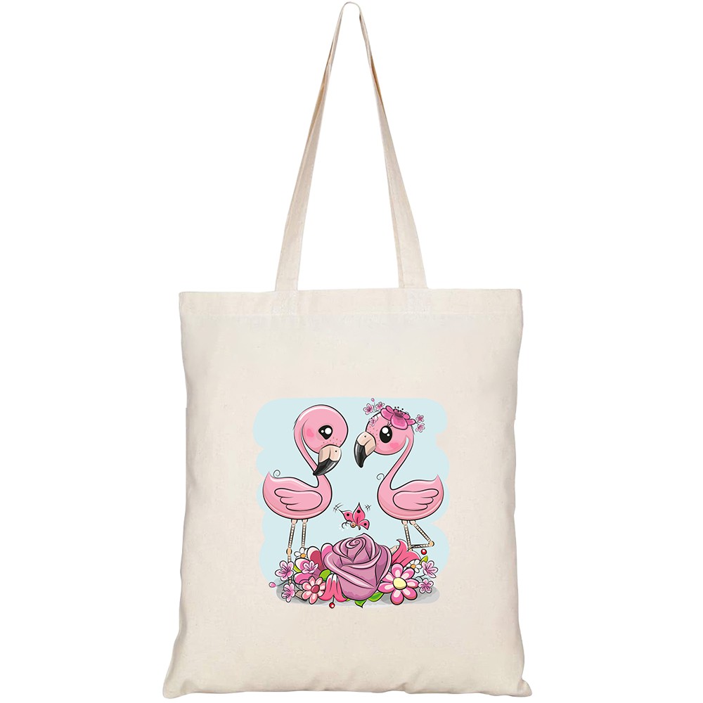 Túi vải tote canvas HTFashion in hình two cute cartoon flamingos flowers HT354