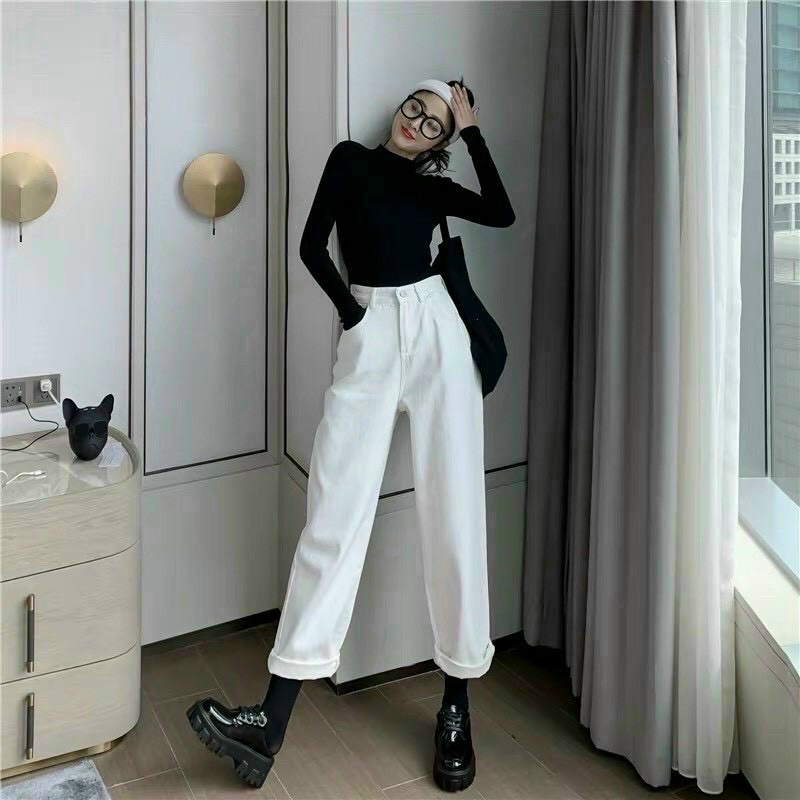 Quần jean nữ ống rộng quần bò nữ ống đứng lưng cao Trắng