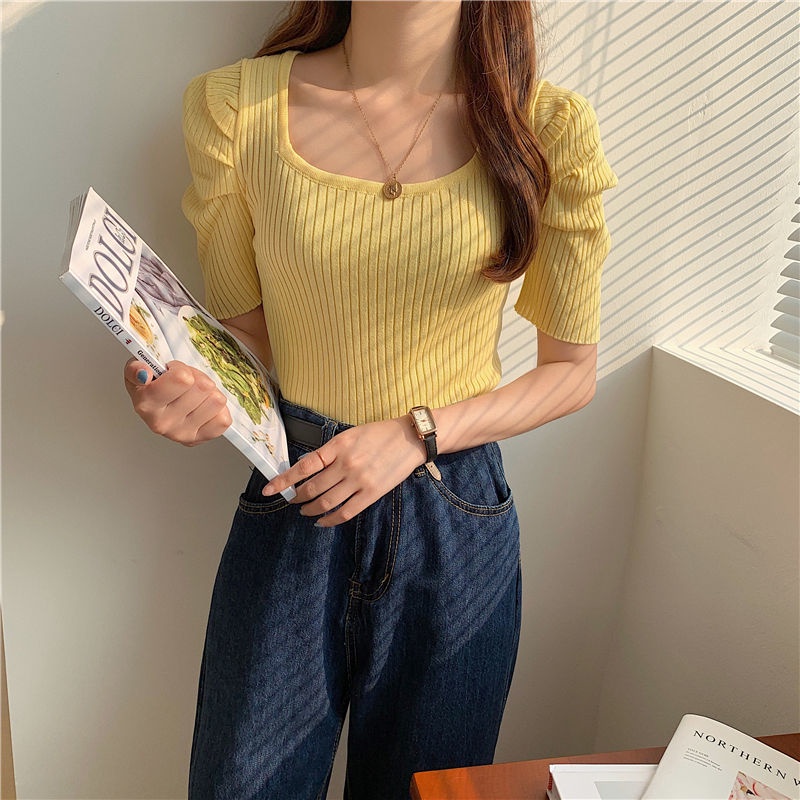 Áo Dệt Kim Tay Ngắn Cổ Vuông Hở Xương Quai Xanh Quyến Rũ Trẻ Trung Cho Bạn Gái