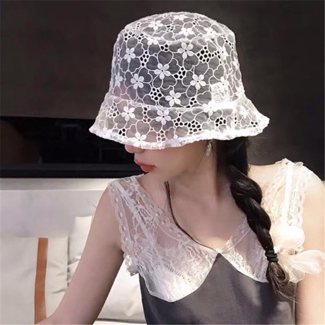 Mũ ren hoa 2 màu đen trắng đi biển tiểu thư - shopbelinh