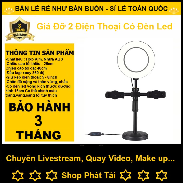 Giá Đỡ 2 Điện Thoại Livestream Có Đèn Led, Kẹp Điện Thoại Để Bàn Quay Video Tiktok Có Đèn Led 3 Màu - Có Video, Ảnh Thật