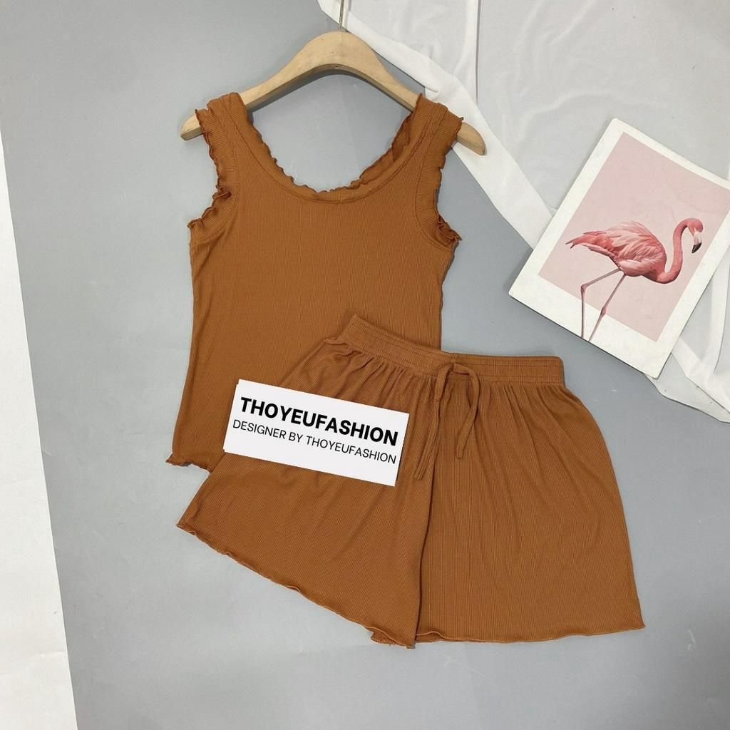 Bộ ngủ ba lỗ viền bèo thun tăm, Sét đồ ngủ sexxy co giãn chất tăm mát lạnh BNVB0023 - Thoyeufashion