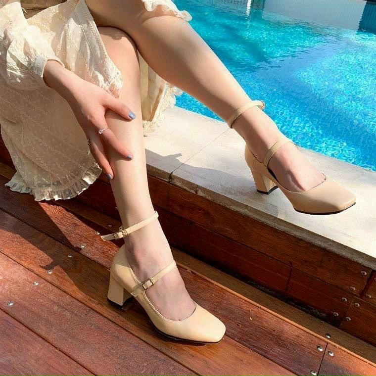 Sandal cao gót 2 dây da bóng màu đen, trắng, nude đậm TH shoes gót 5 cm