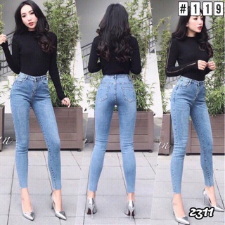 Quần bò trơn cạp cao co giãn 4 chiều