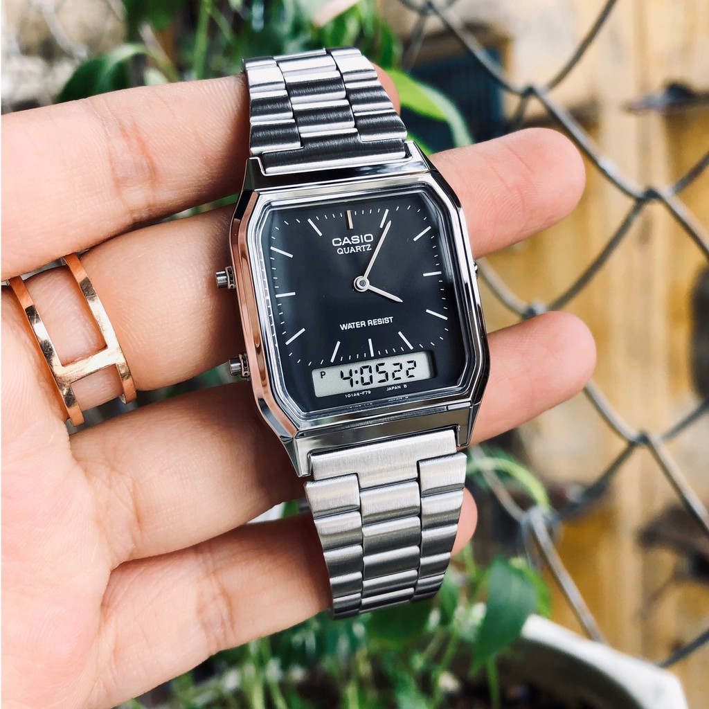 Đồng hồ nam nữ điện tử chính hãng Casio AQ 230 Dây thép không gỉ - Chống nước 3ATM Bảo hành 1 năm Hyma watch