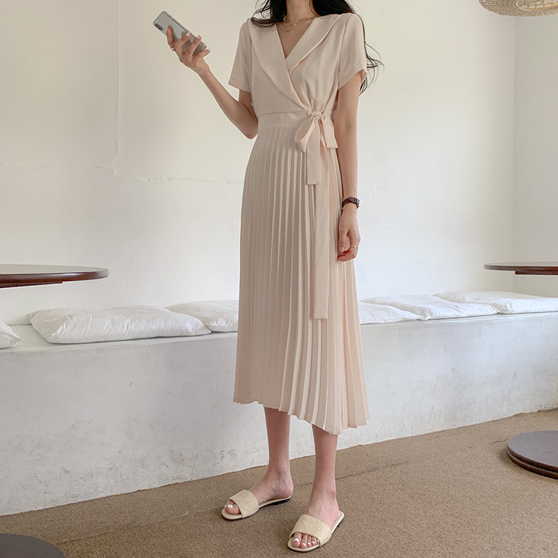 Đầm midi tay ngắn cổ chữ V màu trơn xinh xắn thời trang 34757