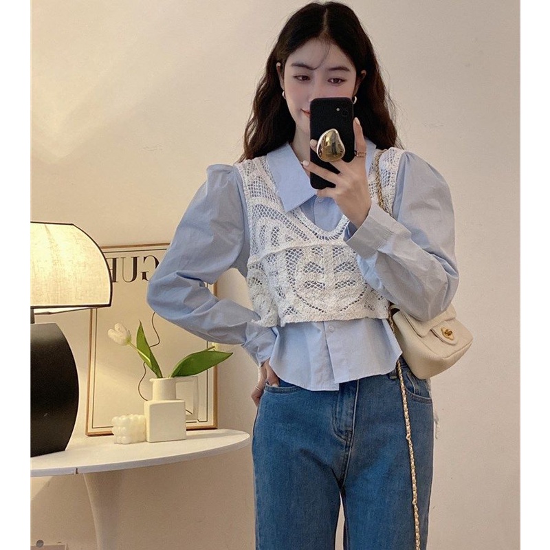 Set Áo Sơ Mi polo Tay Dài Dáng Rộng Màu Trơn Phối Áo Lưới Không Tay Thời Trang Hàn Quốc Cho Nữ