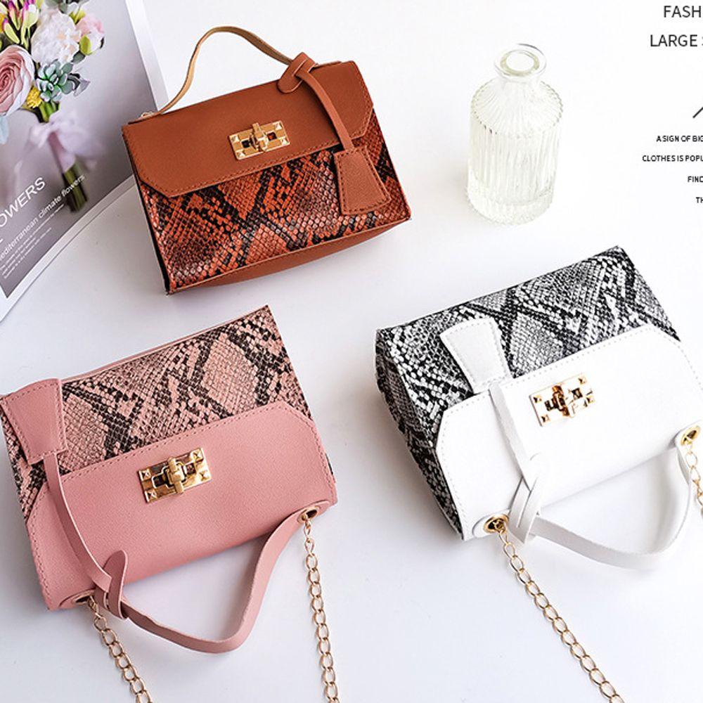 USNOW Túi Xách Đeo Vai Da Pu Vân Da Rắn Phối Dây Xích Thời Trang Nữ Sành Điệu