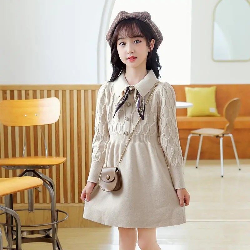 ❀Hàng giao ngay❀8-14 tuổi, quần áo trẻ em, Hàng Có Sẵn Đầm Sweater Dệt Kim Tay Dài Phong Cách Thu Đông Hàn Quốc Mới Cho Bé Gái váy cho bé gái