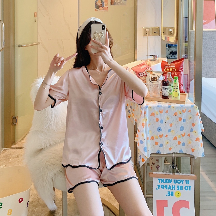 Bộ Đồ Ngủ Tay Ngắn Vải Lụa Satin Thoải Mái Thời Trang Hàn Quốc Cho Nữ